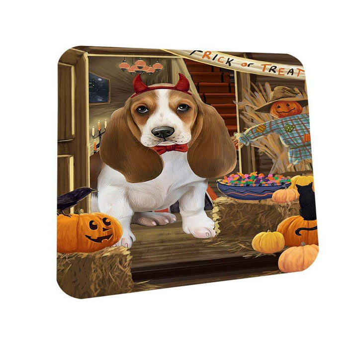 Enter at Own Risk Trick or Treat Halloween Basset Hound Dog Coasters Set of 4 CST52936