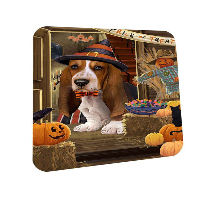 Enter at Own Risk Trick or Treat Halloween Basset Hound Dog Coasters Set of 4 CST52937