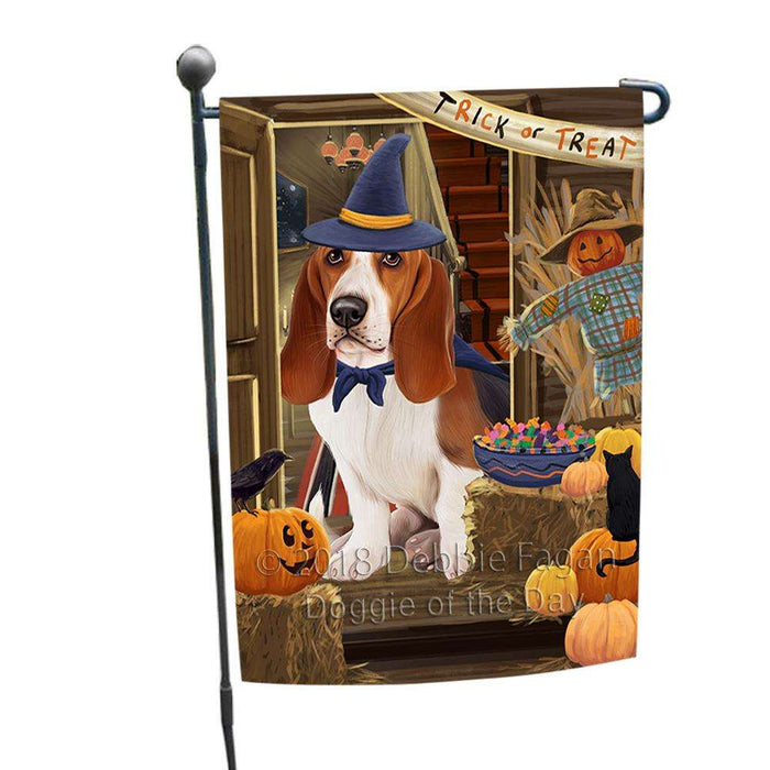 Enter at Own Risk Trick or Treat Halloween Basset Hound Dog Garden Flag GFLG53036
