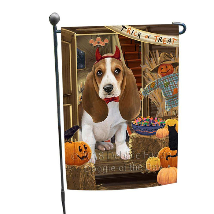 Enter at Own Risk Trick or Treat Halloween Basset Hound Dog Garden Flag GFLG53039