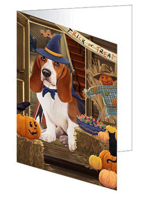 Enter at Own Risk Trick or Treat Halloween Basset Hound Dog Handmade Artwork Assorted Pets Greeting Cards and Note Cards with Envelopes for All Occasions and Holiday Seasons GCD62951
