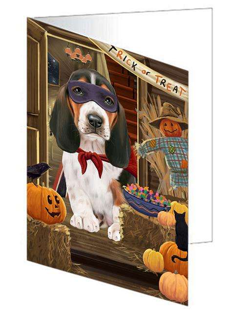 Enter at Own Risk Trick or Treat Halloween Basset Hound Dog Handmade Artwork Assorted Pets Greeting Cards and Note Cards with Envelopes for All Occasions and Holiday Seasons GCD62954