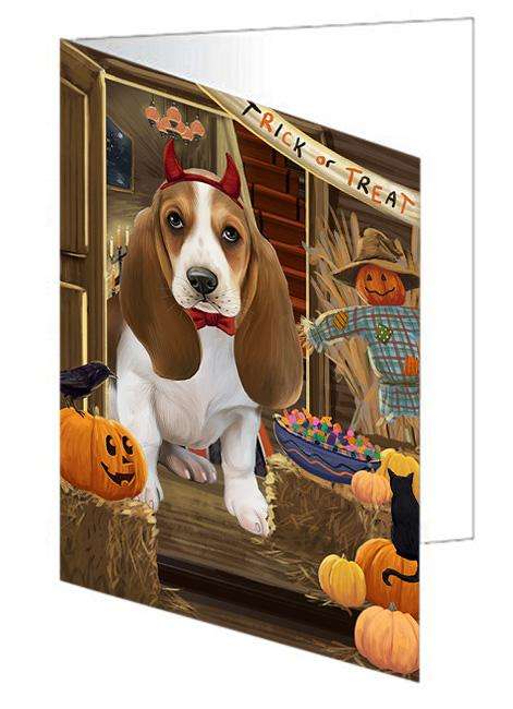 Enter at Own Risk Trick or Treat Halloween Basset Hound Dog Handmade Artwork Assorted Pets Greeting Cards and Note Cards with Envelopes for All Occasions and Holiday Seasons GCD62960