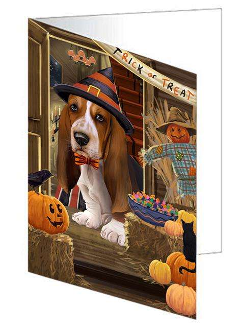 Enter at Own Risk Trick or Treat Halloween Basset Hound Dog Handmade Artwork Assorted Pets Greeting Cards and Note Cards with Envelopes for All Occasions and Holiday Seasons GCD62963