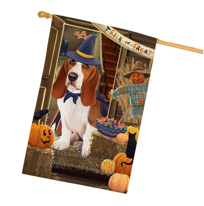 Enter at Own Risk Trick or Treat Halloween Basset Hound Dog House Flag FLG53172
