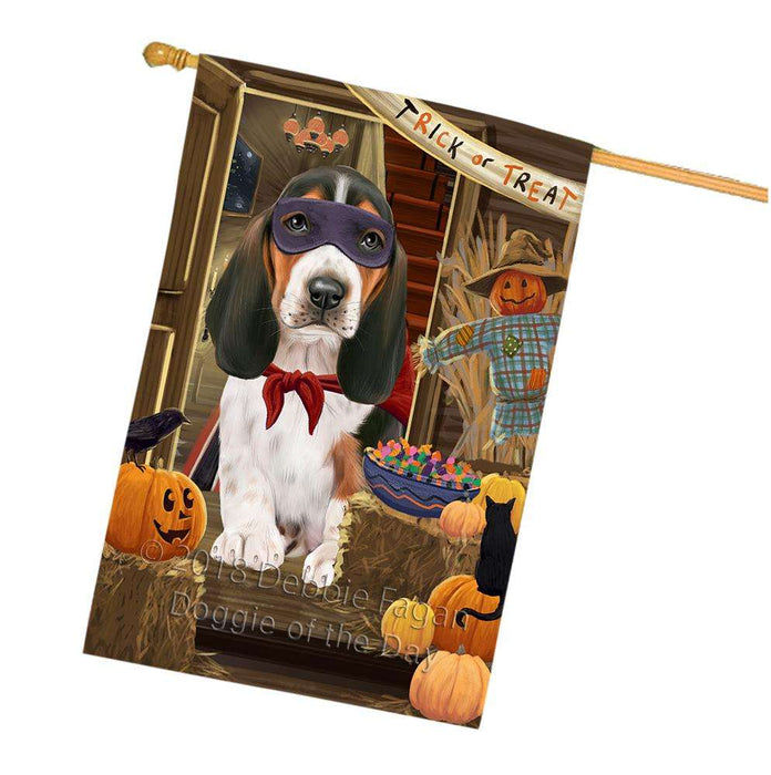 Enter at Own Risk Trick or Treat Halloween Basset Hound Dog House Flag FLG53173