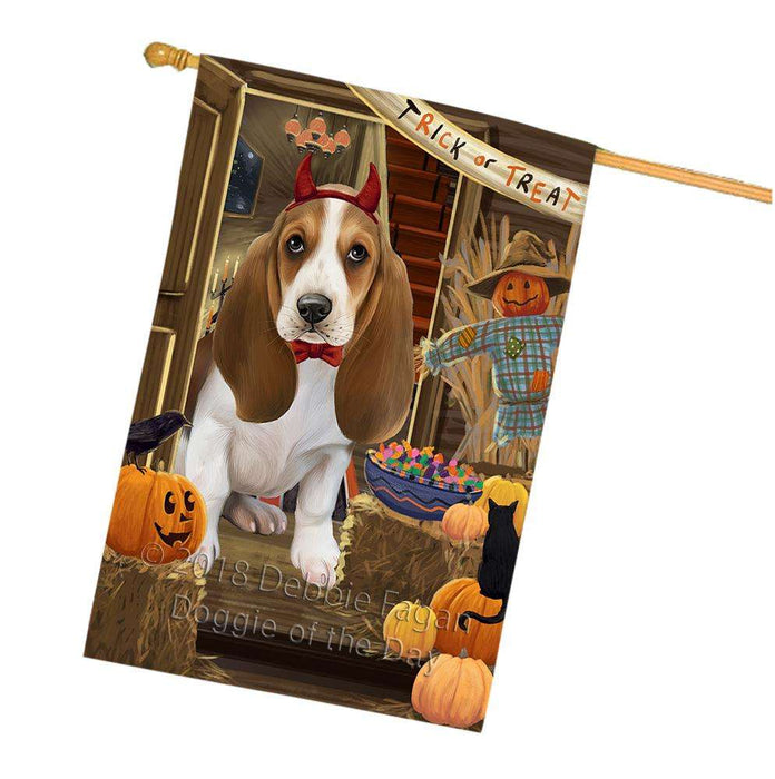 Enter at Own Risk Trick or Treat Halloween Basset Hound Dog House Flag FLG53175