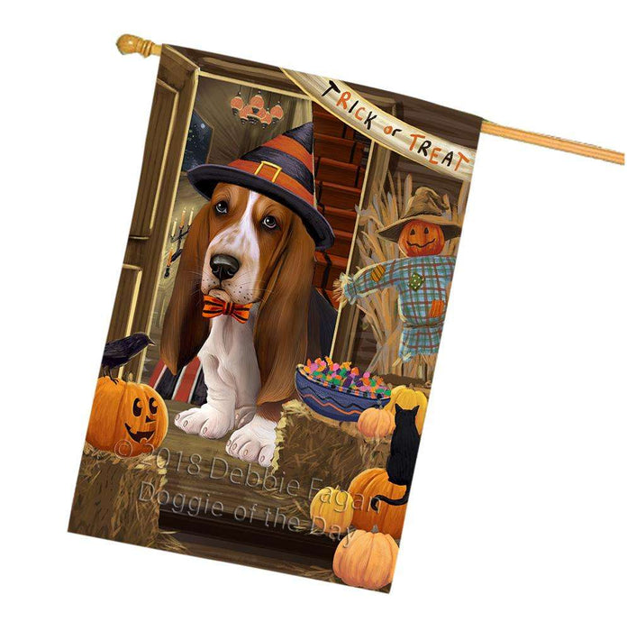 Enter at Own Risk Trick or Treat Halloween Basset Hound Dog House Flag FLG53176