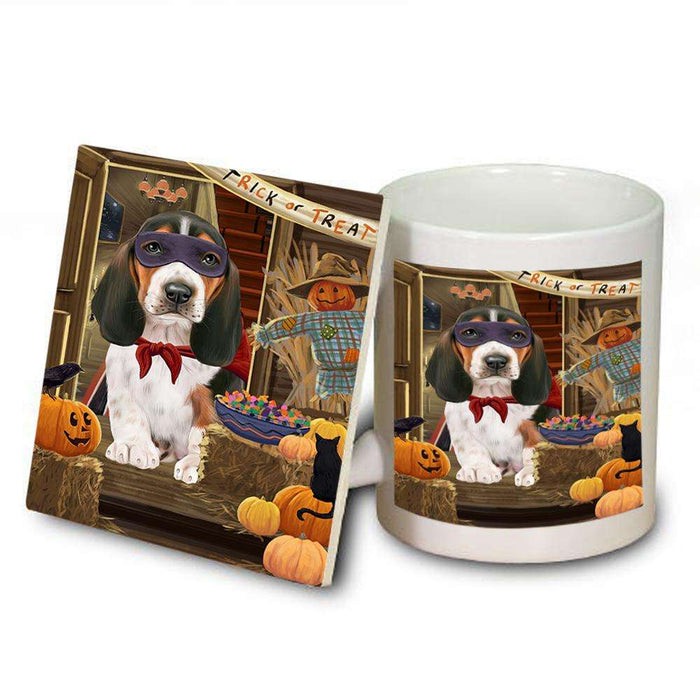 Enter at Own Risk Trick or Treat Halloween Basset Hound Dog Mug and Coaster Set MUC52967