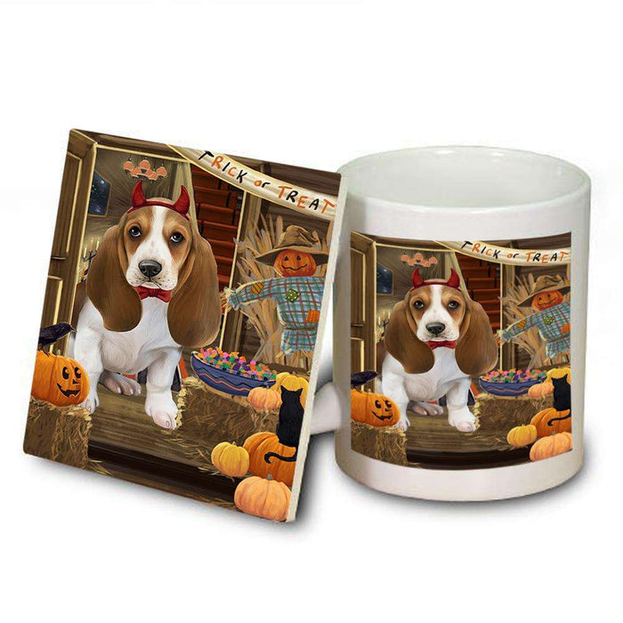 Enter at Own Risk Trick or Treat Halloween Basset Hound Dog Mug and Coaster Set MUC52969