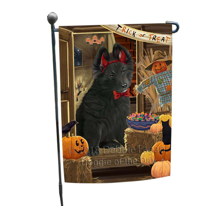 Enter at Own Risk Trick or Treat Halloween Belgian Shepherd Dog Garden Flag GFLG53049