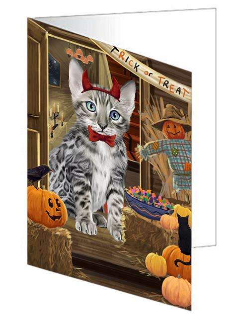 Enter at Own Risk Trick or Treat Halloween Bengal Cat Handmade Artwork Assorted Pets Greeting Cards and Note Cards with Envelopes for All Occasions and Holiday Seasons GCD63005