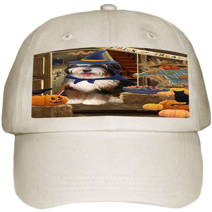Enter at Own Risk Trick or Treat Halloween Bernedoodle Dog Ball Hat Cap HAT62715