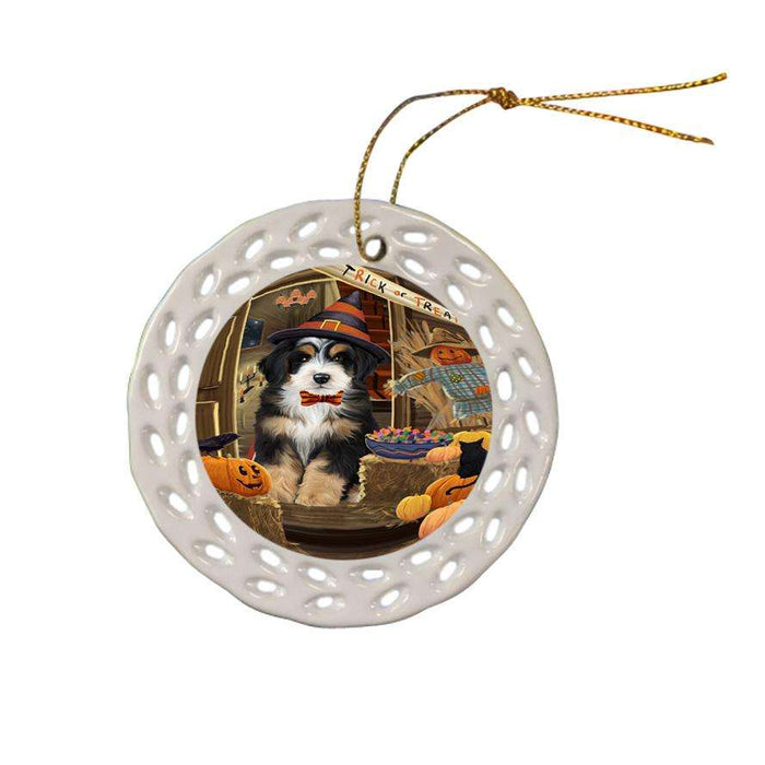 Enter at Own Risk Trick or Treat Halloween Bernedoodle Dog Ceramic Doily Ornament DPOR52998