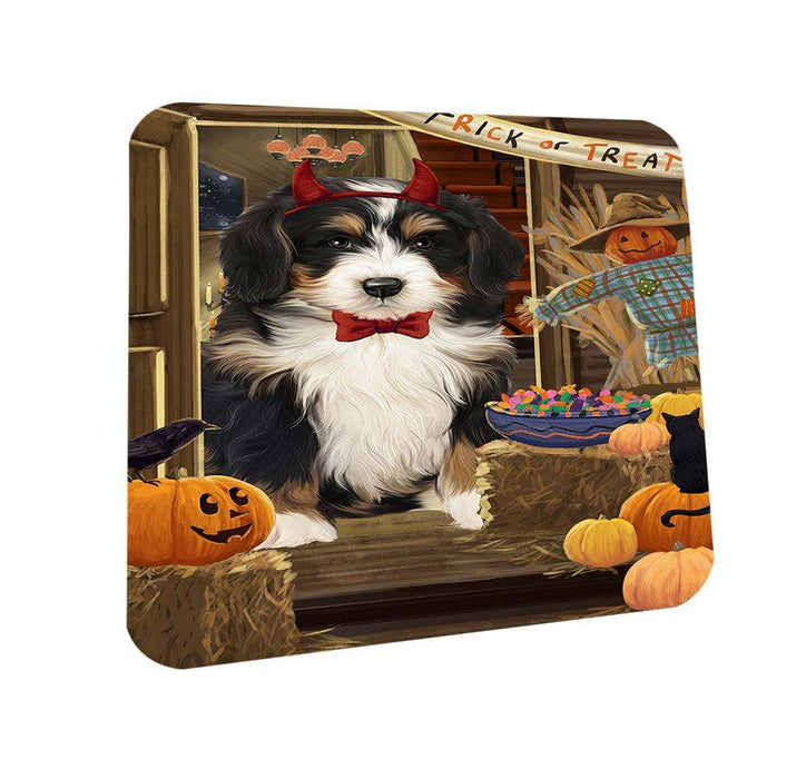 Enter at Own Risk Trick or Treat Halloween Bernedoodle Dog Coasters Set of 4 CST52956