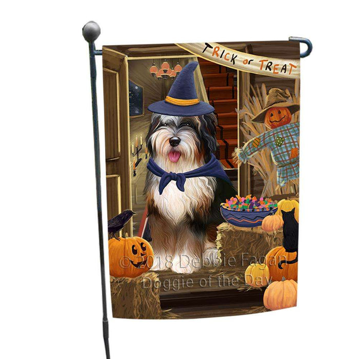 Enter at Own Risk Trick or Treat Halloween Bernedoodle Dog Garden Flag GFLG53056
