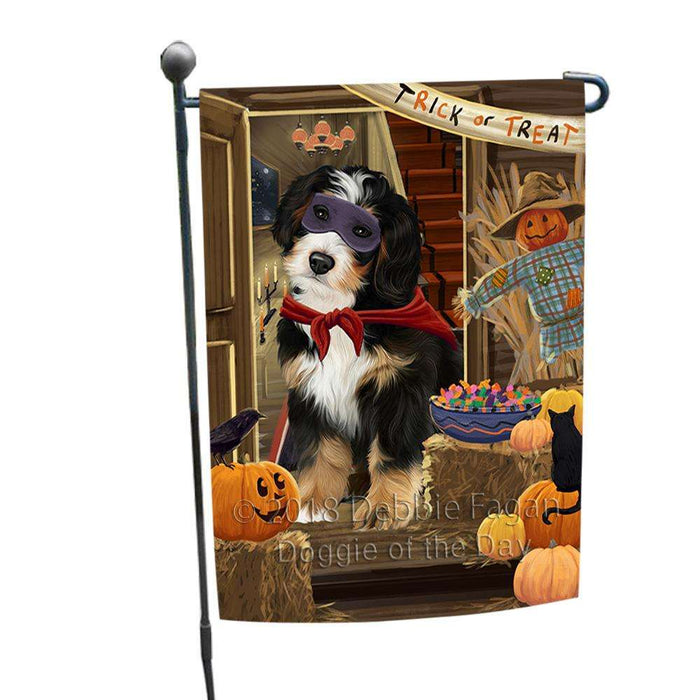 Enter at Own Risk Trick or Treat Halloween Bernedoodle Dog Garden Flag GFLG53057