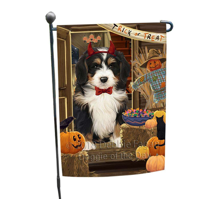 Enter at Own Risk Trick or Treat Halloween Bernedoodle Dog Garden Flag GFLG53059