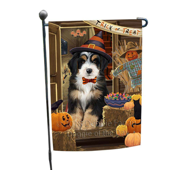 Enter at Own Risk Trick or Treat Halloween Bernedoodle Dog Garden Flag GFLG53060