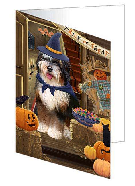Enter at Own Risk Trick or Treat Halloween Bernedoodle Dog Handmade Artwork Assorted Pets Greeting Cards and Note Cards with Envelopes for All Occasions and Holiday Seasons GCD63011