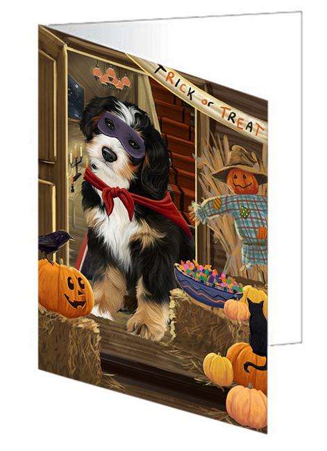 Enter at Own Risk Trick or Treat Halloween Bernedoodle Dog Handmade Artwork Assorted Pets Greeting Cards and Note Cards with Envelopes for All Occasions and Holiday Seasons GCD63014
