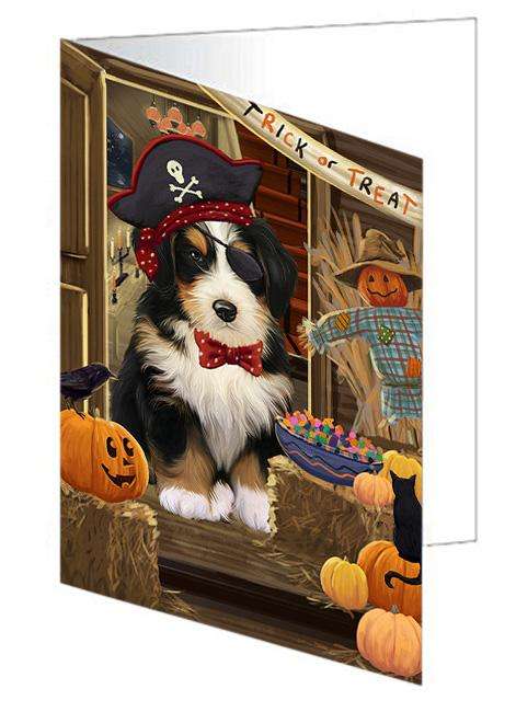 Enter at Own Risk Trick or Treat Halloween Bernedoodle Dog Handmade Artwork Assorted Pets Greeting Cards and Note Cards with Envelopes for All Occasions and Holiday Seasons GCD63017