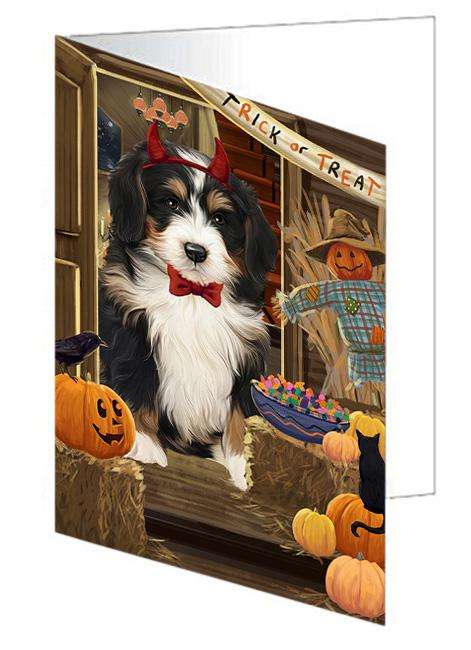 Enter at Own Risk Trick or Treat Halloween Bernedoodle Dog Handmade Artwork Assorted Pets Greeting Cards and Note Cards with Envelopes for All Occasions and Holiday Seasons GCD63020