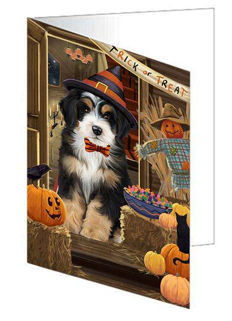Enter at Own Risk Trick or Treat Halloween Bernedoodle Dog Handmade Artwork Assorted Pets Greeting Cards and Note Cards with Envelopes for All Occasions and Holiday Seasons GCD63023