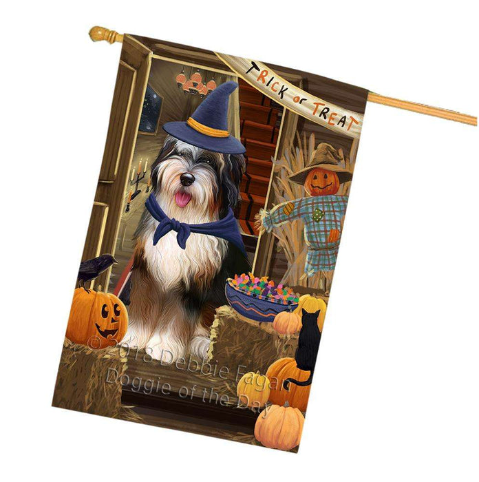 Enter at Own Risk Trick or Treat Halloween Bernedoodle Dog House Flag FLG53192