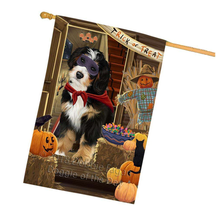 Enter at Own Risk Trick or Treat Halloween Bernedoodle Dog House Flag FLG53193