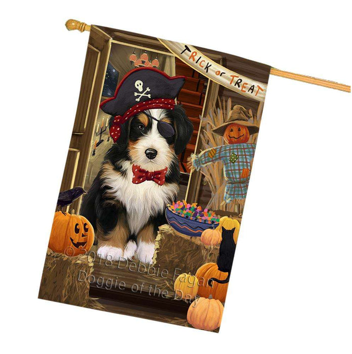 Enter at Own Risk Trick or Treat Halloween Bernedoodle Dog House Flag FLG53194