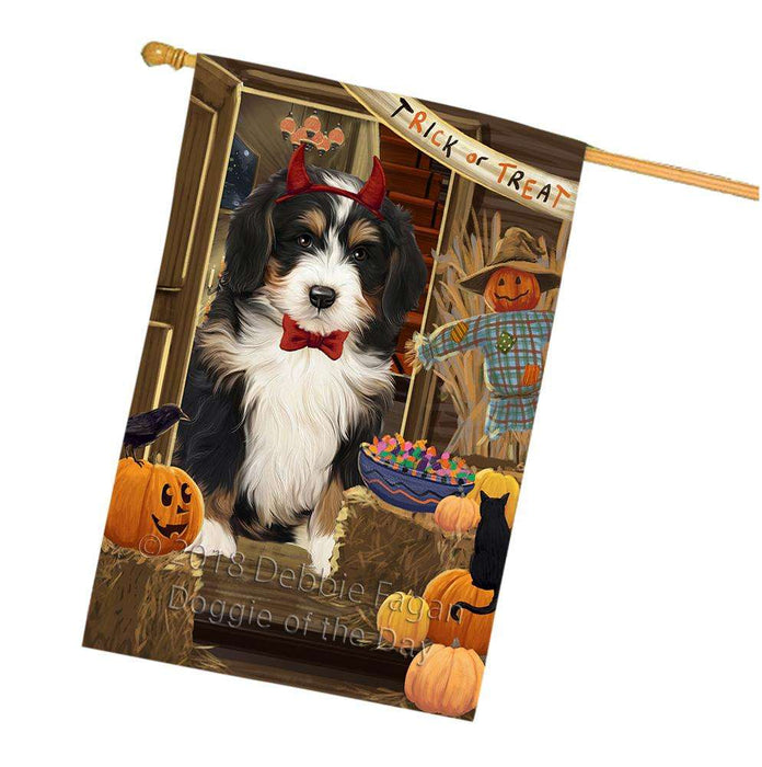 Enter at Own Risk Trick or Treat Halloween Bernedoodle Dog House Flag FLG53195