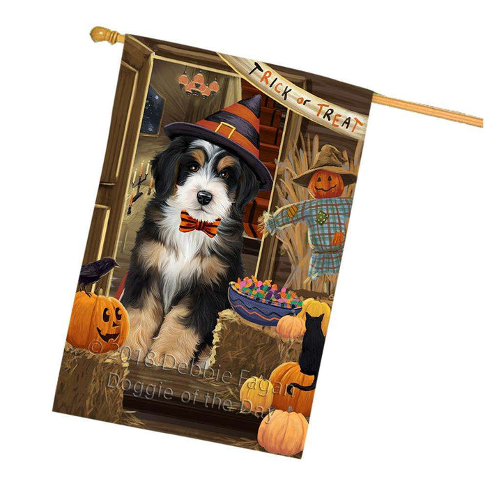 Enter at Own Risk Trick or Treat Halloween Bernedoodle Dog House Flag FLG53196