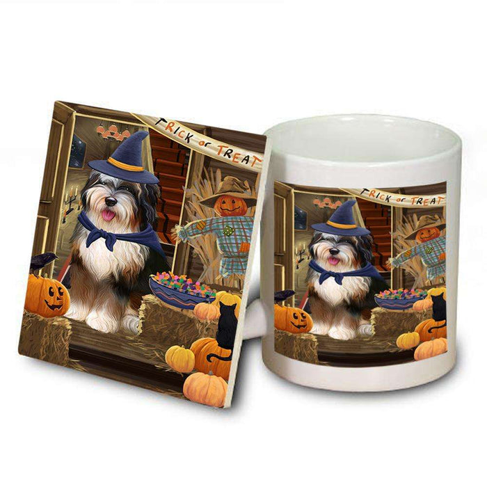 Enter at Own Risk Trick or Treat Halloween Bernedoodle Dog Mug and Coaster Set MUC52986