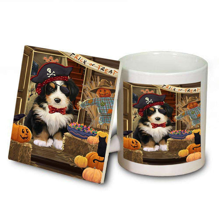 Enter at Own Risk Trick or Treat Halloween Bernedoodle Dog Mug and Coaster Set MUC52988