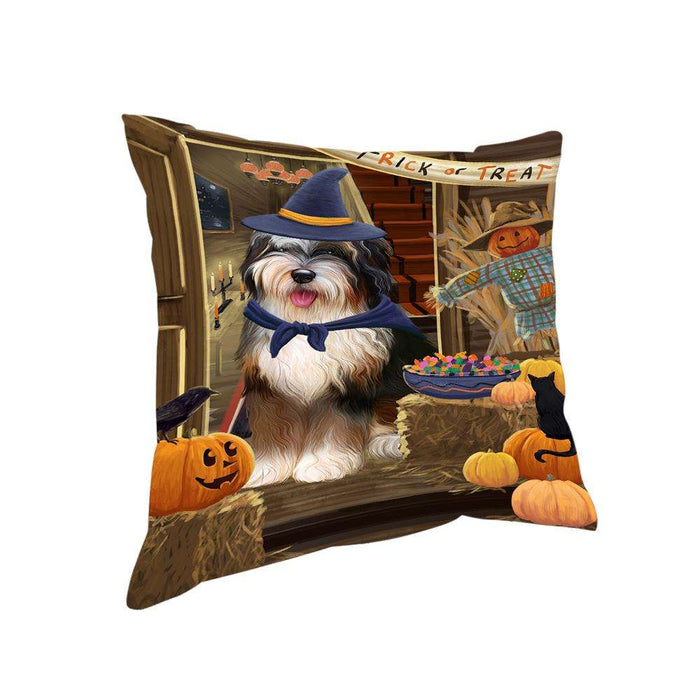 Enter at Own Risk Trick or Treat Halloween Bernedoodle Dog Pillow PIL68484
