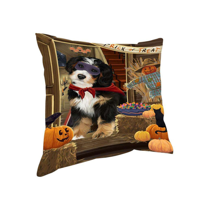Enter at Own Risk Trick or Treat Halloween Bernedoodle Dog Pillow PIL68488