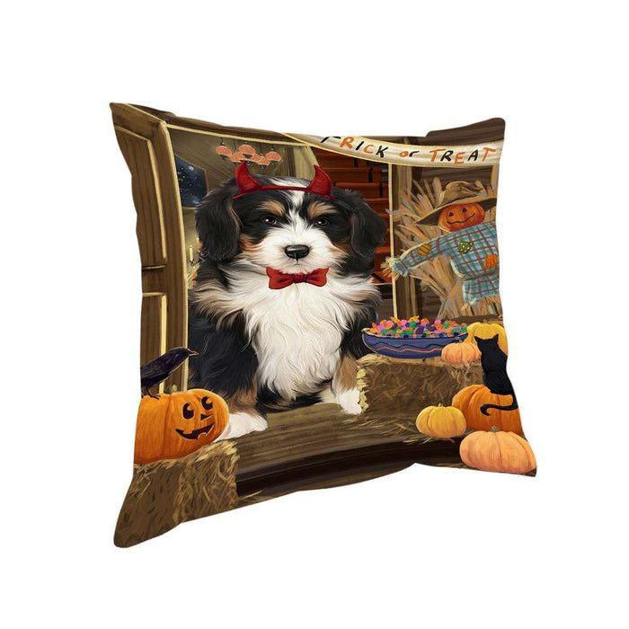 Enter at Own Risk Trick or Treat Halloween Bernedoodle Dog Pillow PIL68496