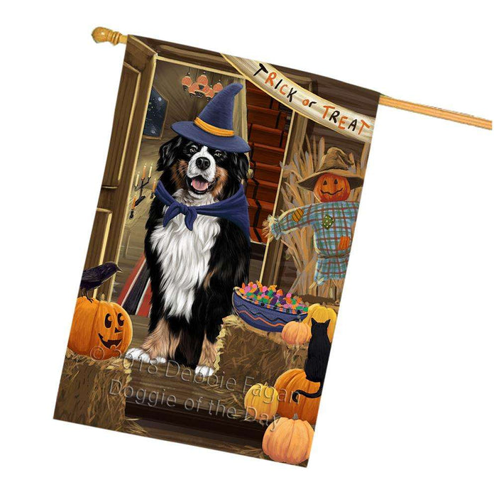 Enter at Own Risk Trick or Treat Halloween Bernese Mountain Dog House Flag FLG53197