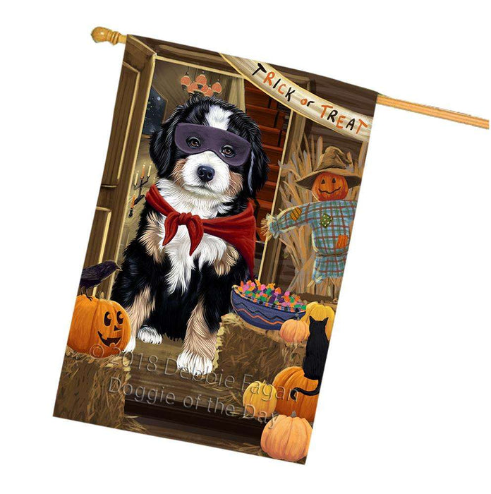 Enter at Own Risk Trick or Treat Halloween Bernese Mountain Dog House Flag FLG53198