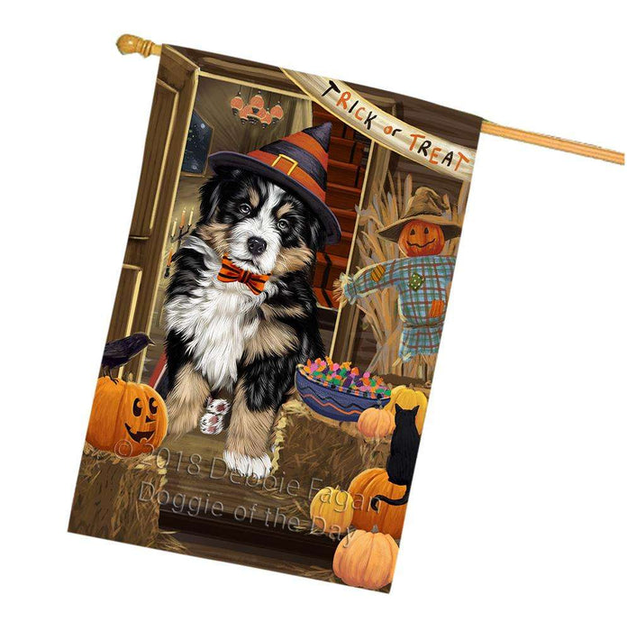 Enter at Own Risk Trick or Treat Halloween Bernese Mountain Dog House Flag FLG53201