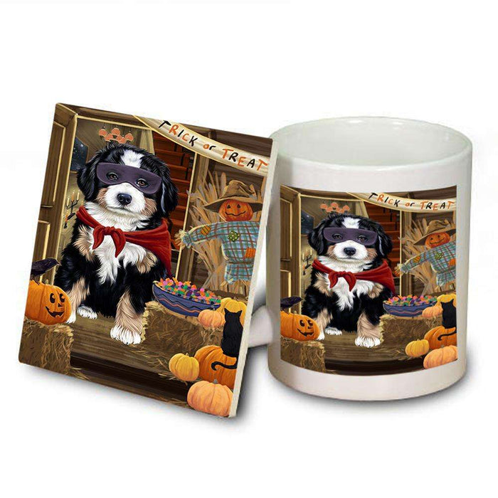 Enter at Own Risk Trick or Treat Halloween Bernese Mountain Dog Mug and Coaster Set MUC52992
