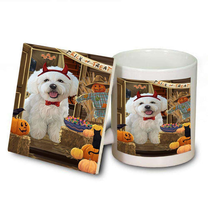 Enter at Own Risk Trick or Treat Halloween Bichon Frise Dog Mug and Coaster Set MUC52999