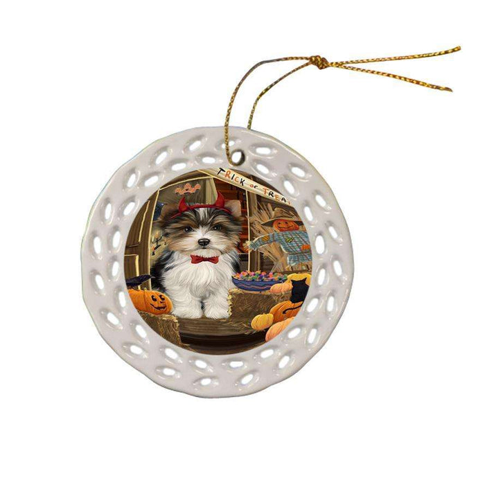 Enter at Own Risk Trick or Treat Halloween Biewer Terrier Dog Ceramic Doily Ornament DPOR53012