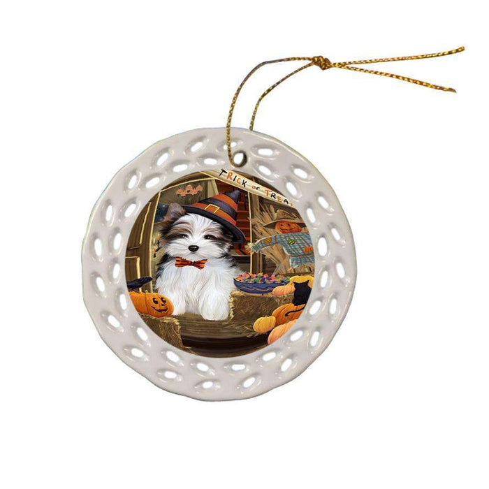 Enter at Own Risk Trick or Treat Halloween Biewer Terrier Dog Ceramic Doily Ornament DPOR53013