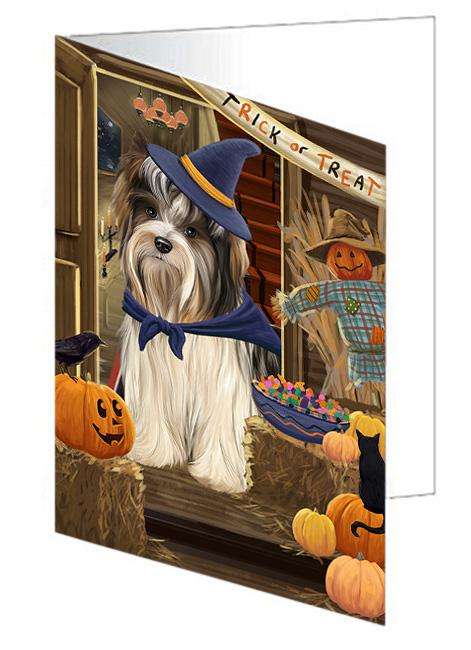 Enter at Own Risk Trick or Treat Halloween Biewer Terrier Dog Handmade Artwork Assorted Pets Greeting Cards and Note Cards with Envelopes for All Occasions and Holiday Seasons GCD63056