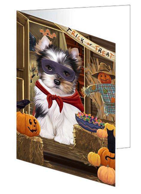 Enter at Own Risk Trick or Treat Halloween Biewer Terrier Dog Handmade Artwork Assorted Pets Greeting Cards and Note Cards with Envelopes for All Occasions and Holiday Seasons GCD63059