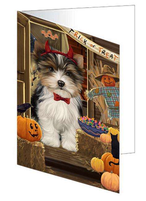 Enter at Own Risk Trick or Treat Halloween Biewer Terrier Dog Handmade Artwork Assorted Pets Greeting Cards and Note Cards with Envelopes for All Occasions and Holiday Seasons GCD63065