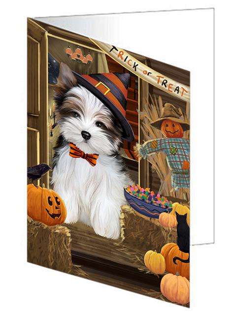 Enter at Own Risk Trick or Treat Halloween Biewer Terrier Dog Handmade Artwork Assorted Pets Greeting Cards and Note Cards with Envelopes for All Occasions and Holiday Seasons GCD63068