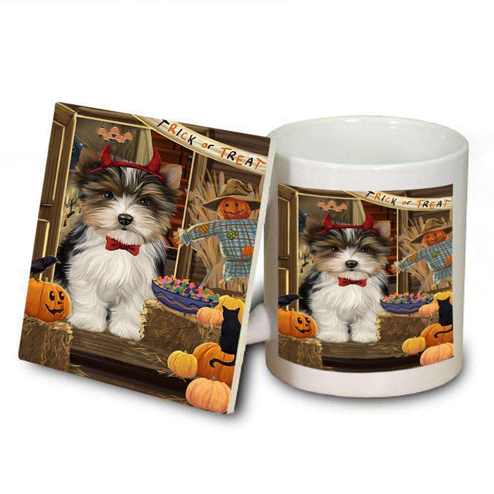 Enter at Own Risk Trick or Treat Halloween Biewer Terrier Dog Mug and Coaster Set MUC53004